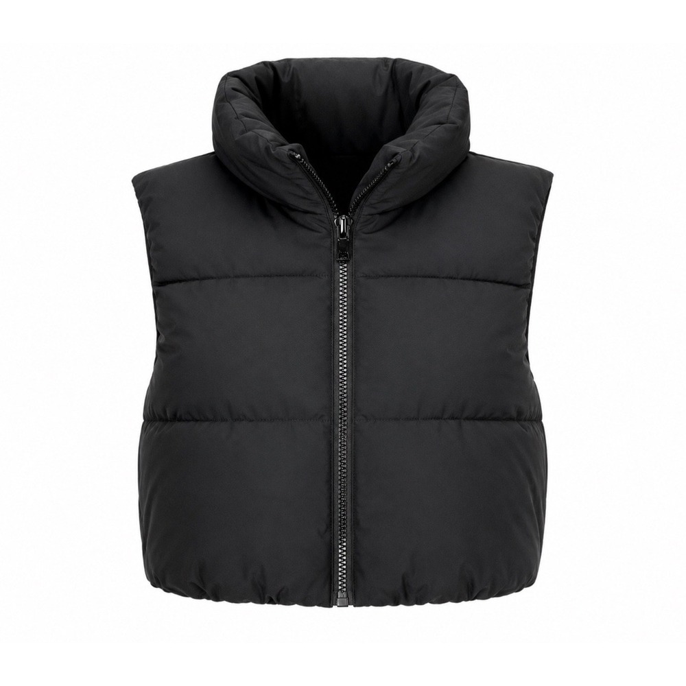 NWT MEROKEETY Black Cropped Puffer Vest L Zip Mock Neck Quilted Lightweight
